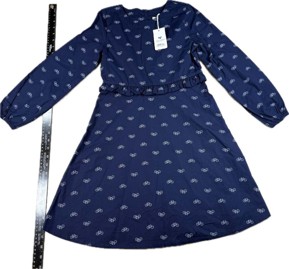 Hope & Henry Girls Long Sleeve Ruffle Waist Bicycle Print Dress navy size 12
